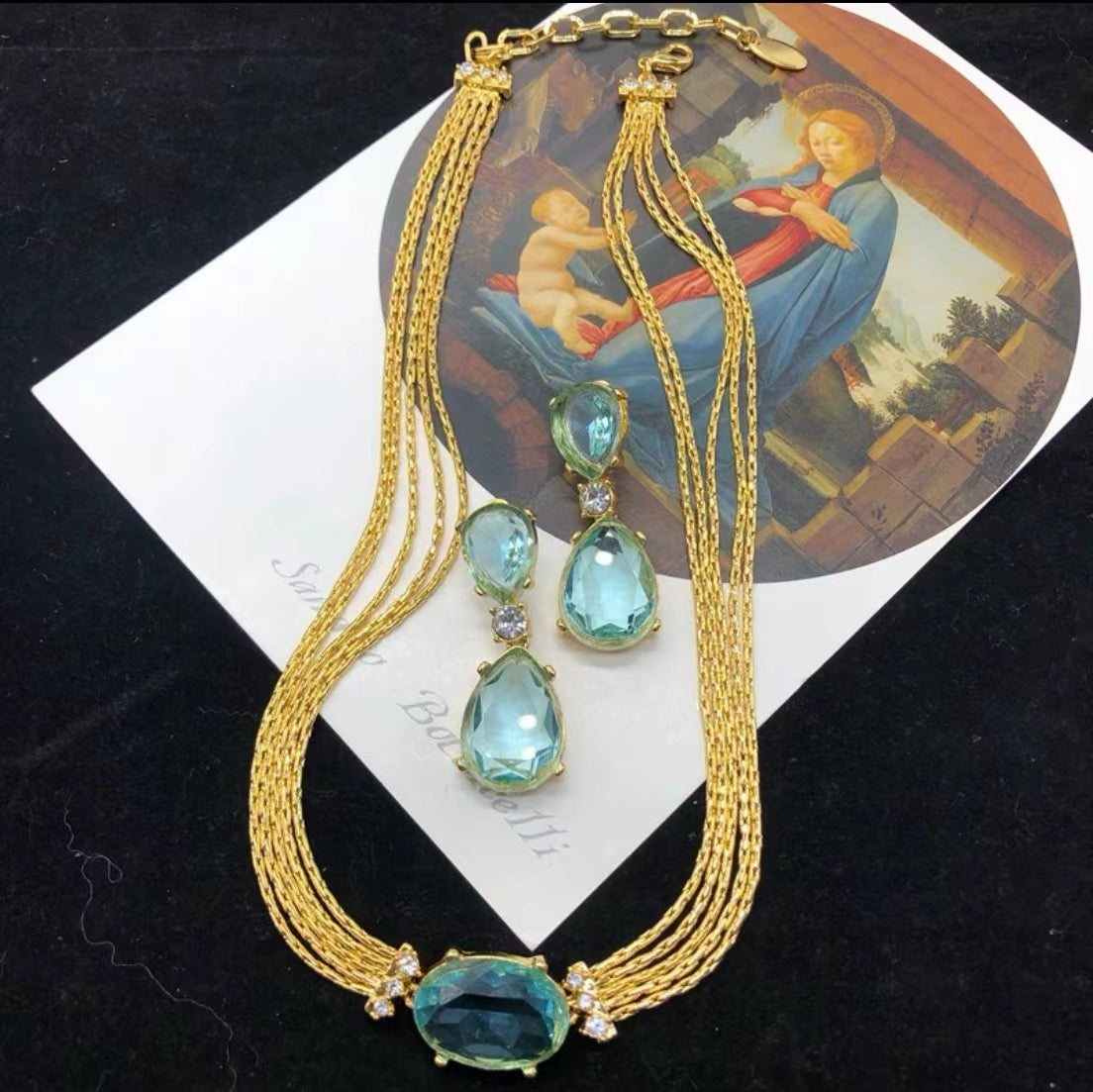 Blue crystal necklace, drop earrings