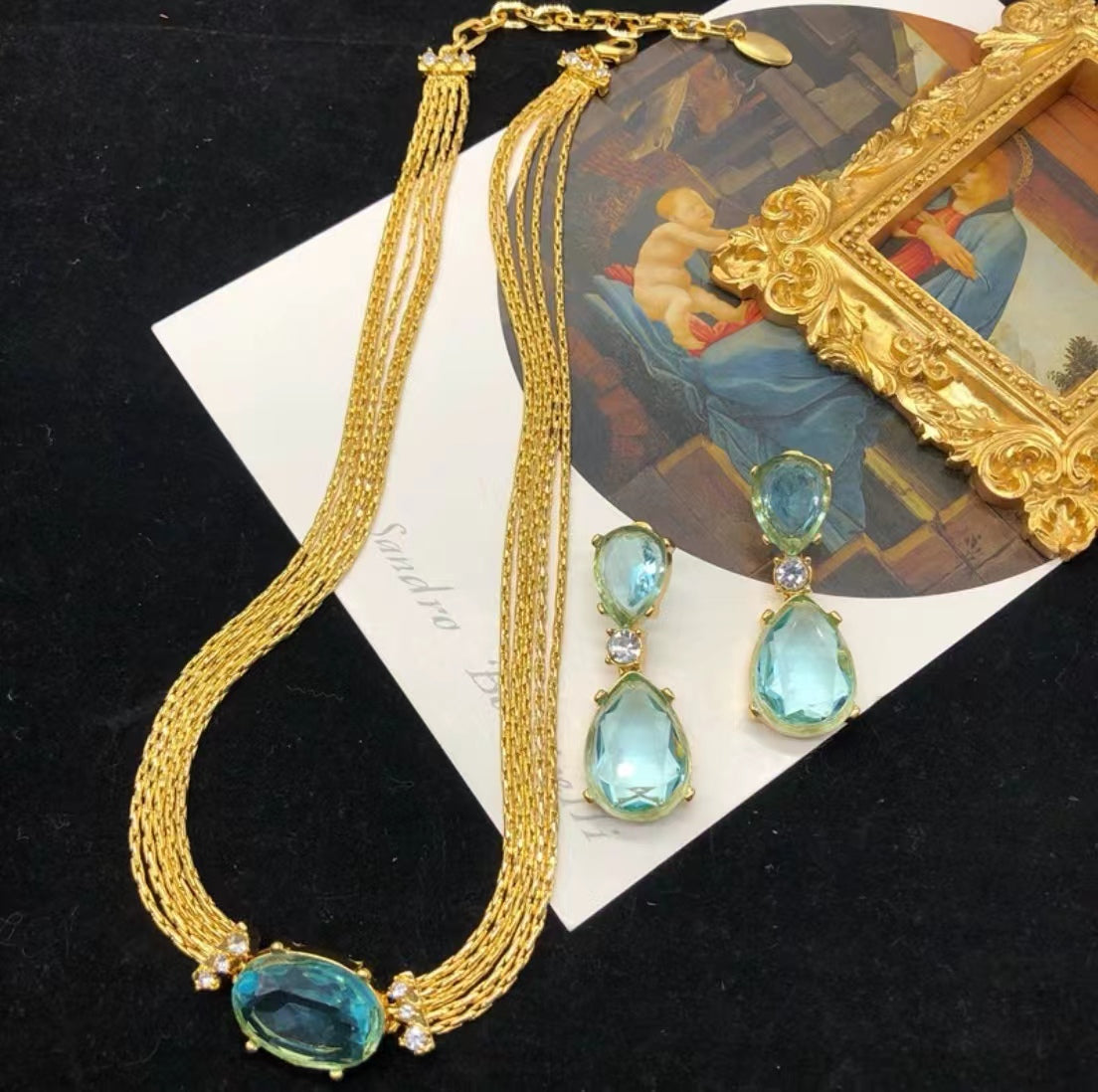 Blue crystal necklace, drop earrings