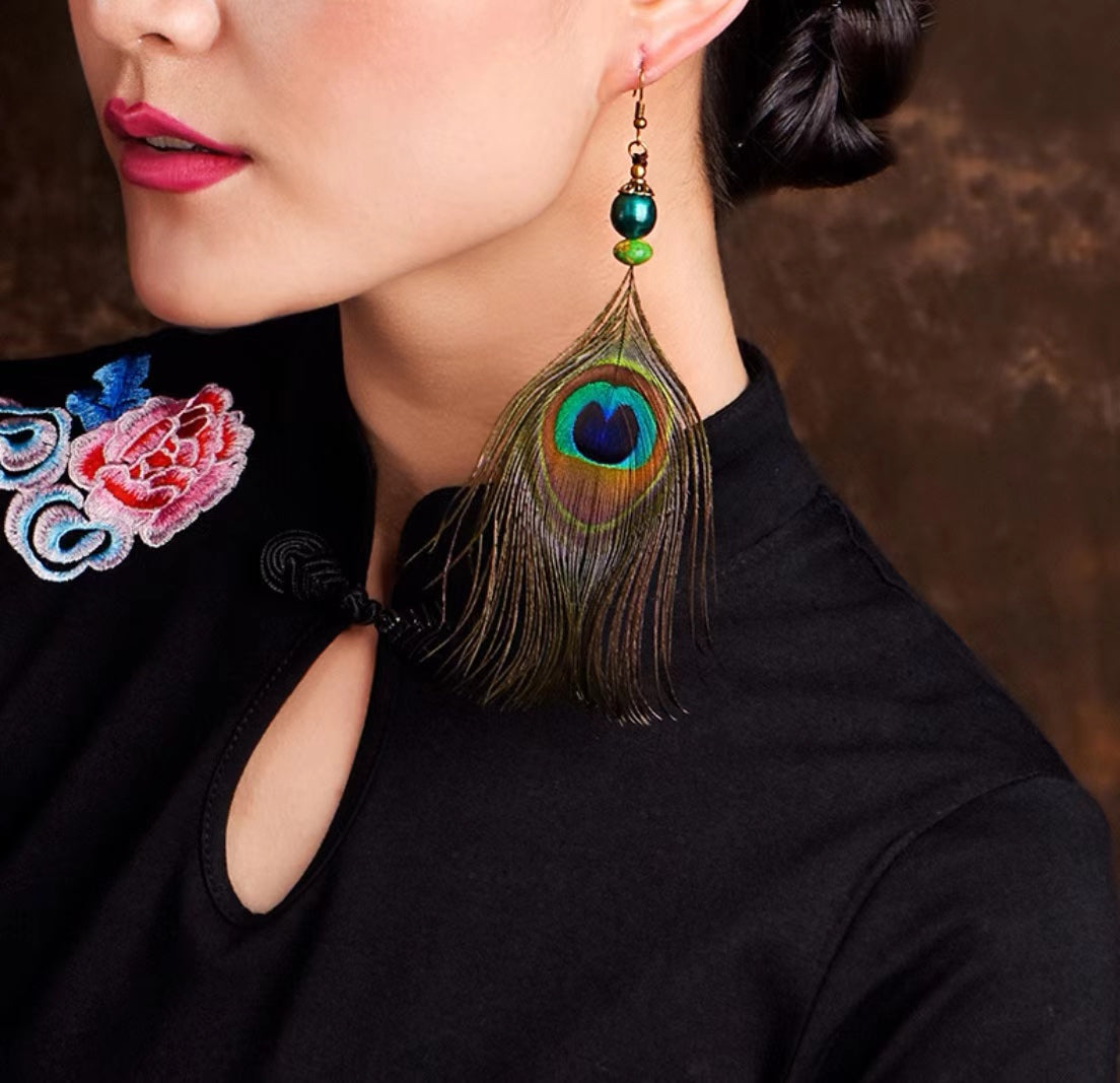 Chinese Style Peacock Feather Earrings